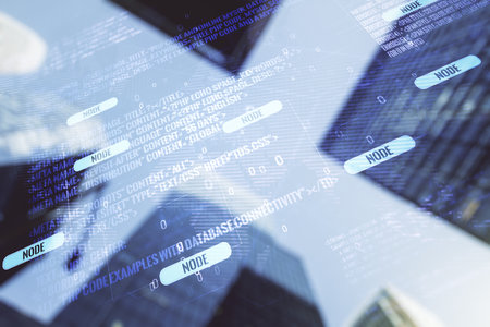 Abstract virtual coding concept and world map hologram on office buildings background. Multiexposureの写真素材