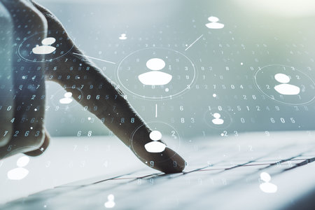 Social network concept with hands typing on laptop on background. Multiexposureの写真素材