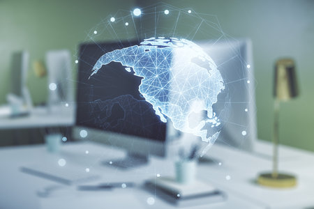 Digital America map on modern computer background, global technology concept. Multiexposureの写真素材