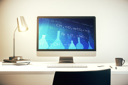 Creative chemistry illustration on modern computer monitor, science and research concept. 3D Renderingの写真素材