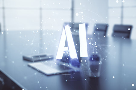 Creative artificial Intelligence symbol concept with modern laptop on background. Multiexposureの写真素材