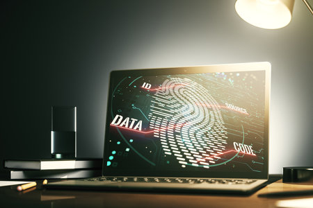 Modern computer monitor with abstract creative fingerprint hologram, research and development concept. 3D Renderingの写真素材