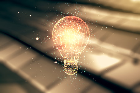 Abstract virtual light bulb hologram on shiny metal background, idea concept. Multiexposureの写真素材