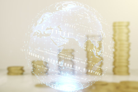 Double exposure of abstract creative programming illustration and world map on growing coins stacks background, big data and blockchain conceptの写真素材