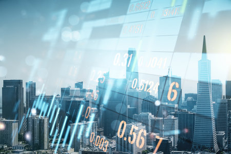 Abstract virtual financial graph hologram on San Francisco skyline background, forex and investment concept. Multiexposureの写真素材