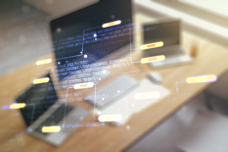 Multi exposure of abstract creative coding sketch and modern desktop with computer on background,...