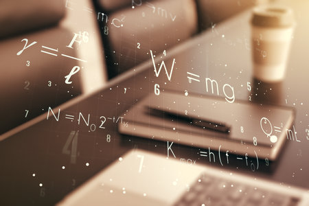 Double exposure of creative scientific formula concept on laptop background, research and development conceptの写真素材