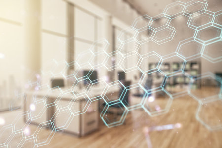 Abstract virtual technology sketch with hexagon grid on a modern furnished office interior background, future technology and AI concept. Double exposureの写真素材