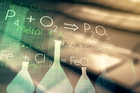 Abstract virtual chemistry illustration on abstract metal background, science and research concept. Multiexposureの写真素材