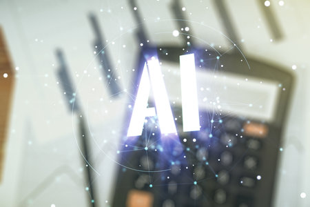 Abstract virtual artificial Intelligence symbol hologram on calculator background. Multiexposureの写真素材