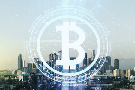 Virtual Bitcoin sketch on Los Angeles cityscape background. Double exposureの写真素材