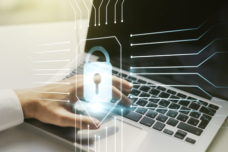 Creative lock illustration with microcircuit and hands typing on computer keyboard on background,...