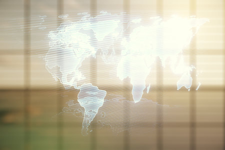 Abstract creative digital world map on modern interior background, globalization concept. Multiexposureの写真素材