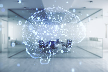 Double exposure of creative artificial Intelligence interface on modern corporate office background. Neural networks and machine learning conceptの写真素材