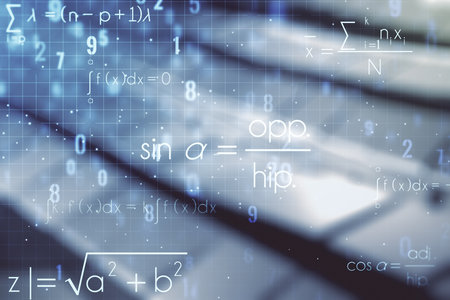 Scientific formula hologram on shiny metal background, research concept. Multiexposureの写真素材
