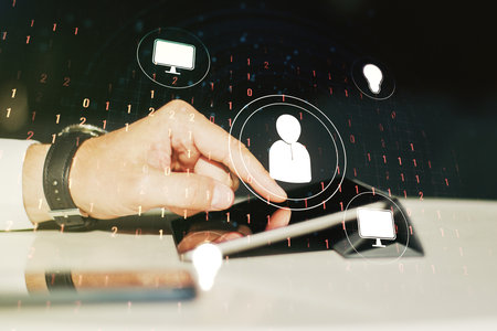 Social network concept with finger clicks on a digital tablet on background. Multiexposureの写真素材