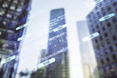 Abstract virtual coding illustration and world map on modern architecture background, international software development concept. Multiexposureの写真素材