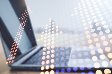 Creative abstract upward arrows sketch on modern laptop background, target and goal concept. Multiexposureの写真素材