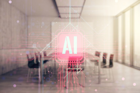 Creative artificial Intelligence symbol hologram on a modern coworking room background. Double exposureの写真素材