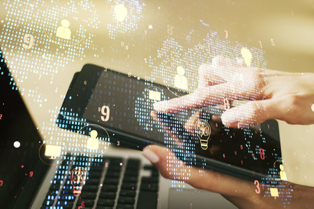 Double exposure of social network icons concept with world map and finger clicks on a digital tablet on background. Marketing and promotion conceptの写真素材