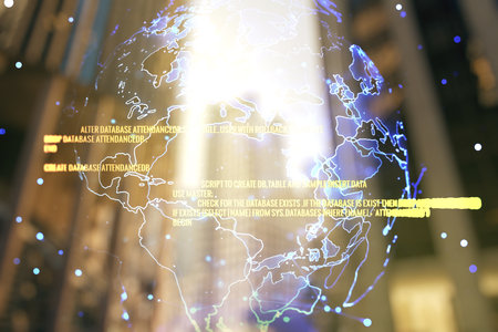Double exposure of abstract programming language hologram and world map on modern skyscrapers background, research and development conceptの写真素材