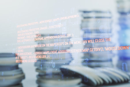 Double exposure of abstract programming language interface on growing stacks of coins background, research and development conceptの写真素材