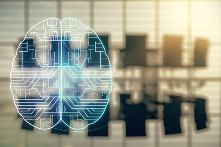 Virtual creative artificial Intelligence hologram with human brain sketch on a modern conference...