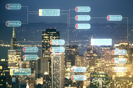 Multi exposure of abstract programming language hologram on San Francisco office buildings background, artificial intelligence and machine learning conceptの写真素材