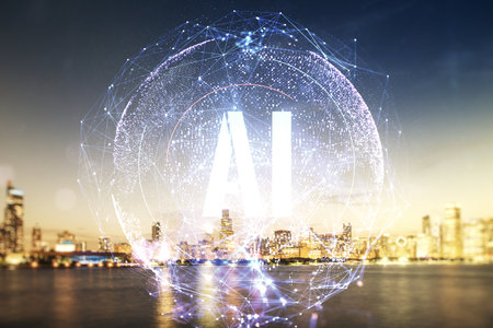 Creative artificial Intelligence symbol hologram on Chicago cityscape background. Double exposureの写真素材