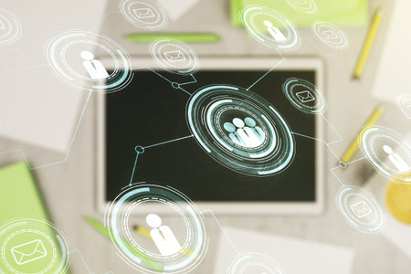 Double exposure of social network icons concept and modern digital tablet on background. Networking...