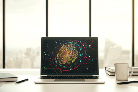 Modern computer monitor with creative artificial Intelligence symbol. Neural networks and machine learning concept. 3D Renderingの写真素材