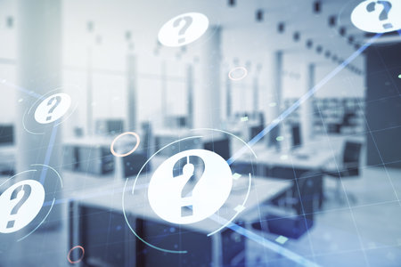 Abstract virtual question mark illustration on a modern furnished office background. FAQ and search concept. Multiexposureの写真素材
