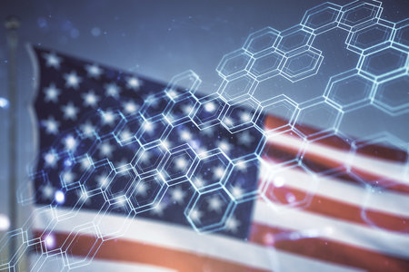 Abstract virtual wireless technology hologram with hexagon on US flag and blue sky background. Big data and database concept. Multiexposureの写真素材