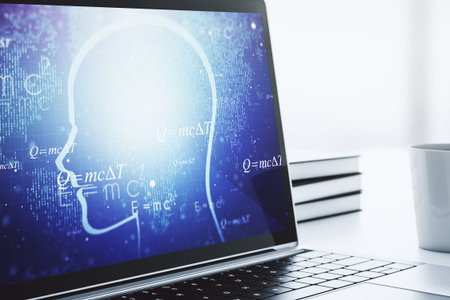 Creative artificial Intelligence concept with human head hologram on modern laptop screen. 3D...