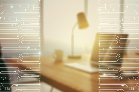 Creative abstract micro chip hologram on modern computer background, artificial intelligence and machine learning concept. Multi exposureの写真素材