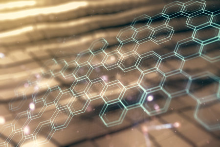 Double exposure of abstract virtual technology hologram with hexagon on blurry metal background....