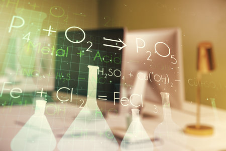Creative chemistry illustration on modern computer background, science and research concept. Multiexposureの写真素材