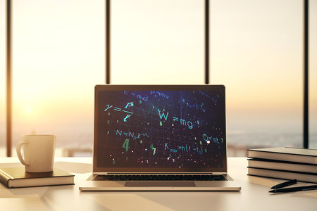 Creative scientific formula hologram on modern laptop monitor, research concept. 3D Renderingの写真素材