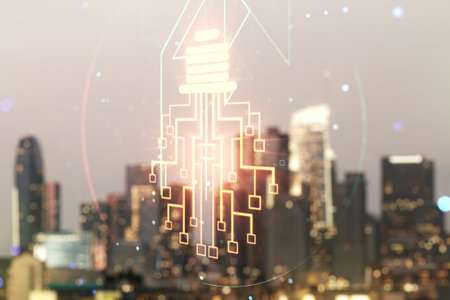 Virtual creative idea concept with light bulb and microcircuit illustration on blurry skyline...