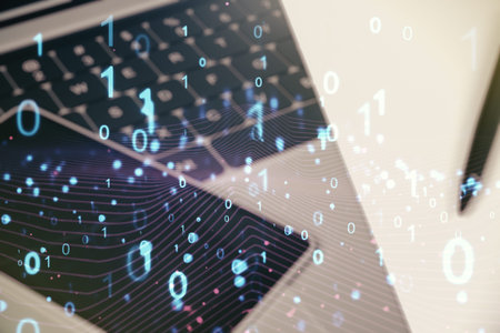 Creative abstract binary code hologram on modern computer background, AI and machine learning...