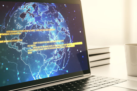 Modern computer display with abstract software development hologram and world map, global research and analytics concept. 3D Renderingの写真素材