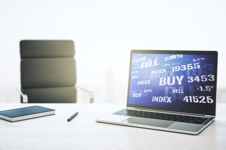 Modern computer monitor with abstract creative financial chart, research and strategy concept. 3D Renderingの写真素材