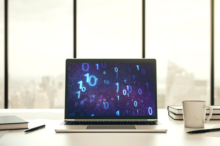 Creative abstract binary code sketch on modern laptop monitor, hacking and matrix concept. 3D Renderingの写真素材