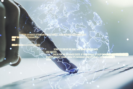 Multi exposure of abstract creative coding sketch with world map and hands typing on computer keyboard on background, artificial intelligence and neural networks conceptの写真素材