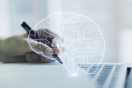 Creative artificial Intelligence concept with human brain sketch and hand writing in diary on background with laptop. Double exposureの写真素材