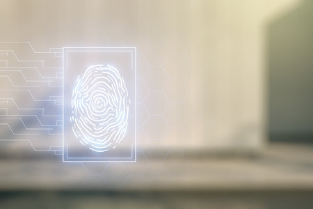 Multi exposure of virtual graphic fingerprint sketch on blurry contemporary office building background, fingerprint scan data conceptの写真素材
