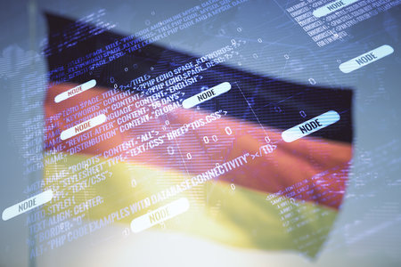 Abstract virtual coding illustration and world map on German flag and sunset sky background, international software development concept. Multiexposureの写真素材