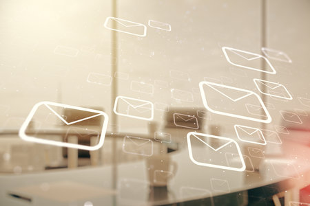 Abstract virtual postal envelopes sketch on a modern boardroom background, e-mail and marketing concept. Double exposureの写真素材