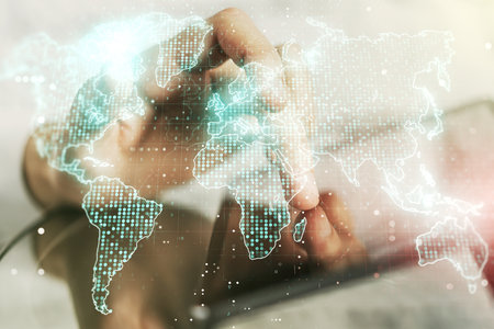 Multi exposure of abstract creative digital world map and finger presses on a digital tablet on background, research and analytics conceptの写真素材