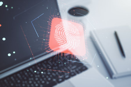 Multi exposure of abstract fingerprint scan interface on computer background, digital access conceptの写真素材
